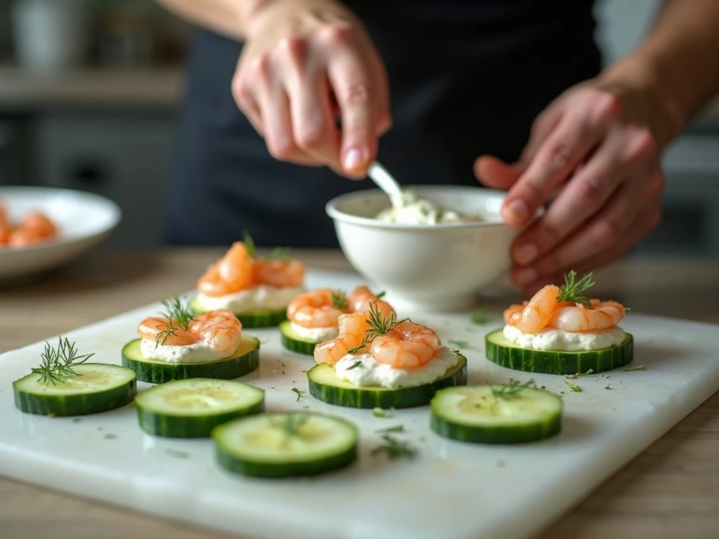 Piping cream-cheese spread onto cucumber rounds