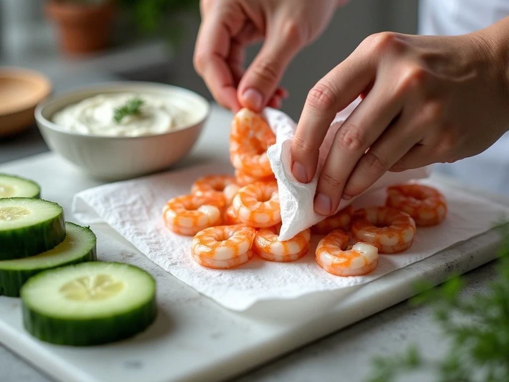 Drying cooked shrimp before assembling cucumber appetizers