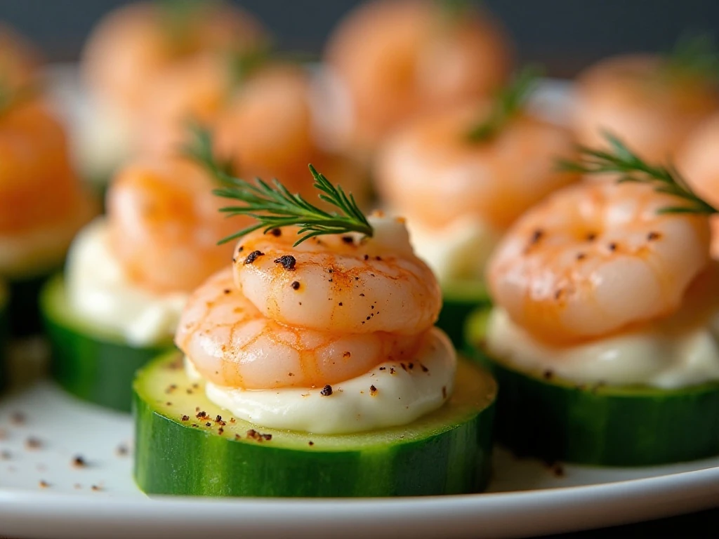 Close-up of garnished shrimp cucumber bites