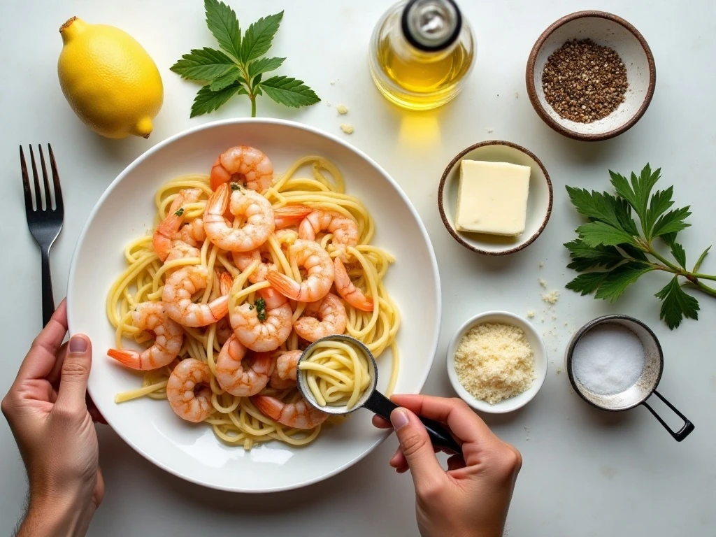 Ingredients for lemon cream shrimp pasta arranged on a kitchen counter