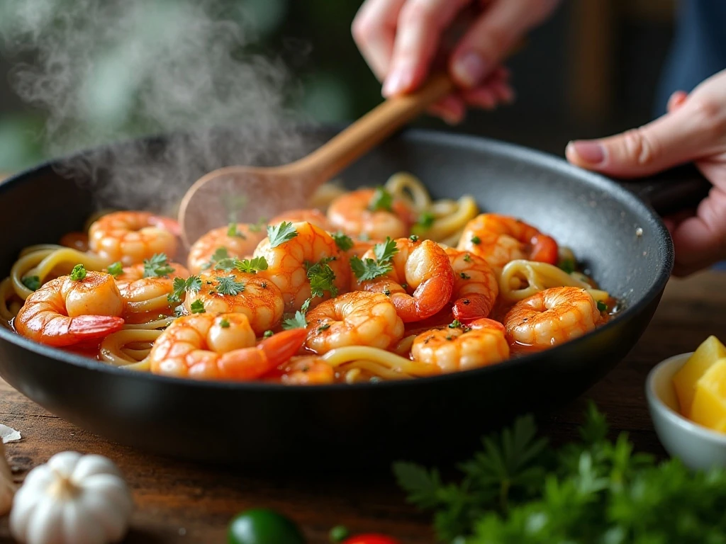 Shrimp cooking in a skillet for lemon cream pasta