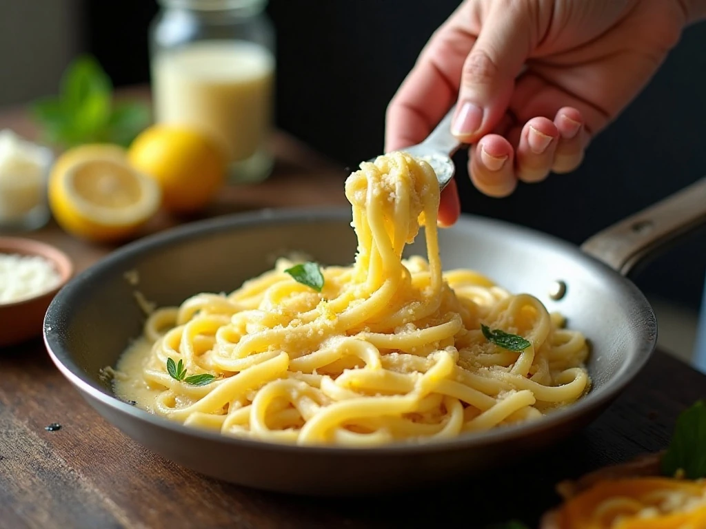 Silky Parmesan lemon cream sauce coating pasta in a skillet