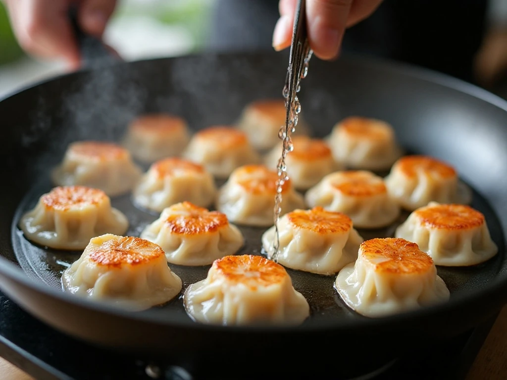 Shrimp potstickers browning and steaming in a skillet
