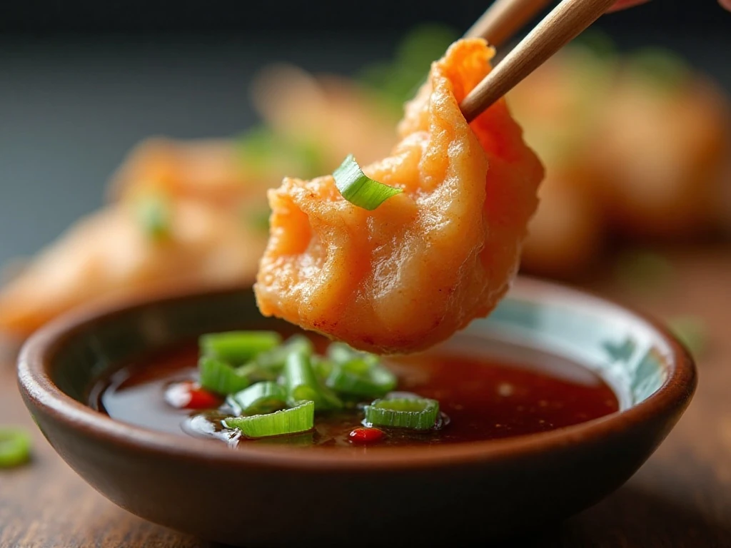 Shrimp potsticker with soy vinegar dipping sauce and scallions