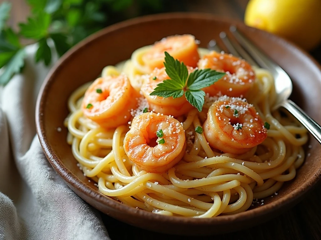 Creamy shrimp sauce served over pasta with parsley and lemon