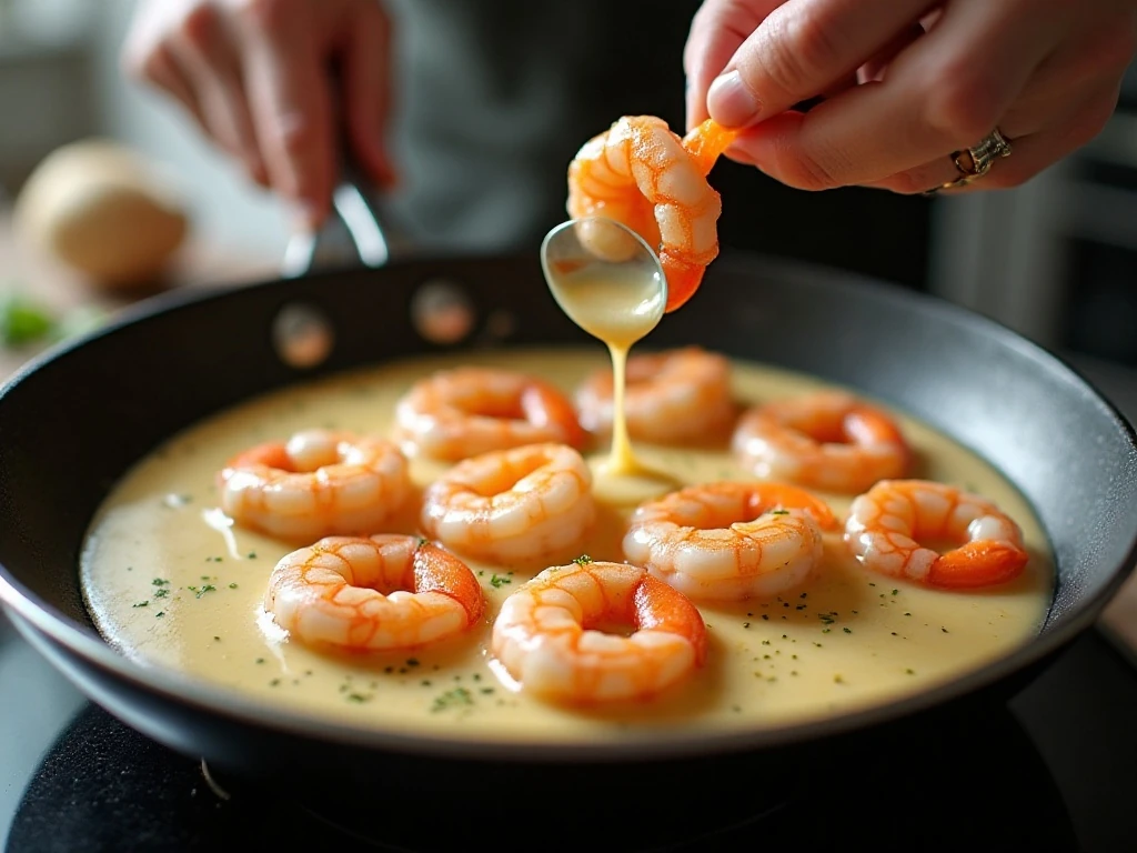 Shrimp cooking in a skillet for creamy shrimp sauce