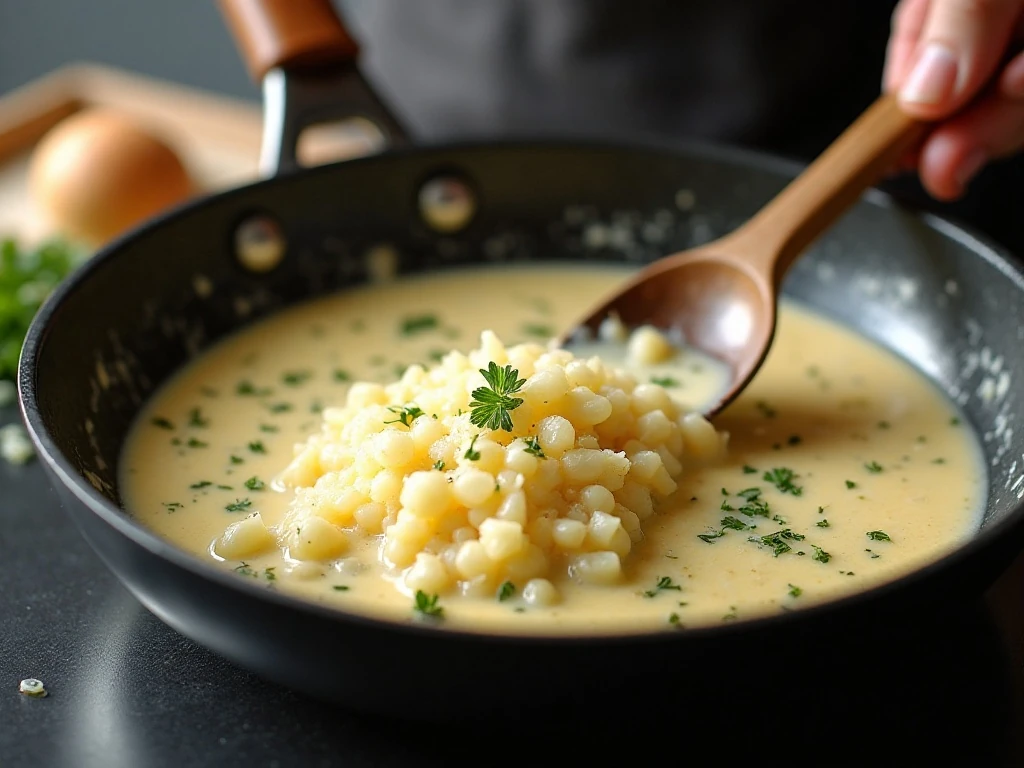 Smooth Parmesan cream sauce simmering in a skillet