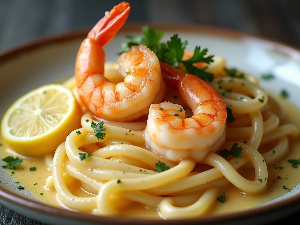 Close-up of shrimp in creamy sauce garnished with parsley