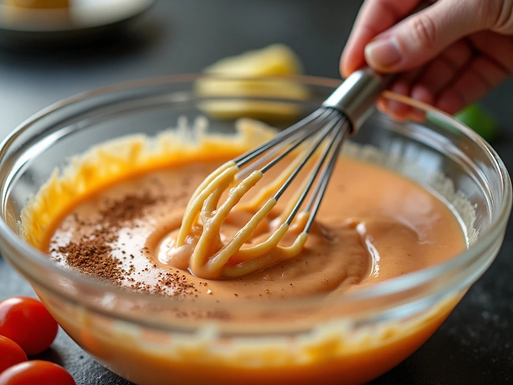 Whisking ingredients together to make hibachi yum yum sauce
