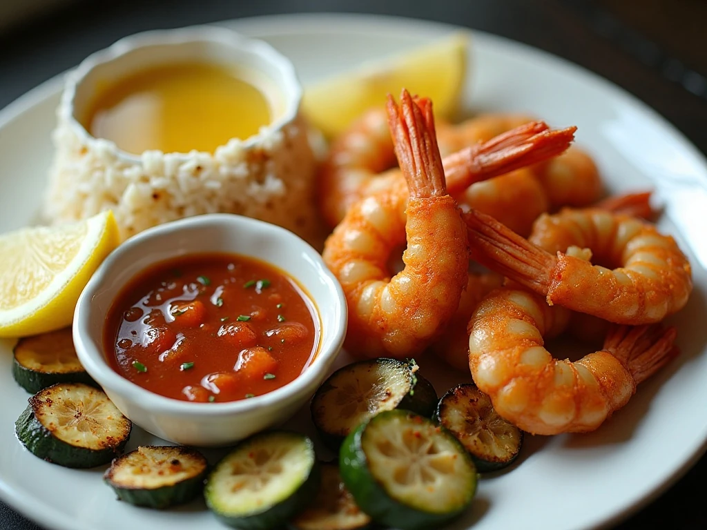 Hibachi shrimp dinner with yum yum dipping sauce and vegetables