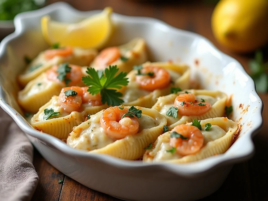 Creamy shrimp scampi stuffed shells baked with garlic Parmesan cream sauce
