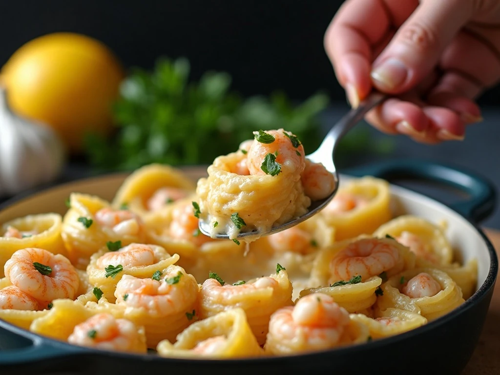 Filling jumbo pasta shells with creamy shrimp mixture