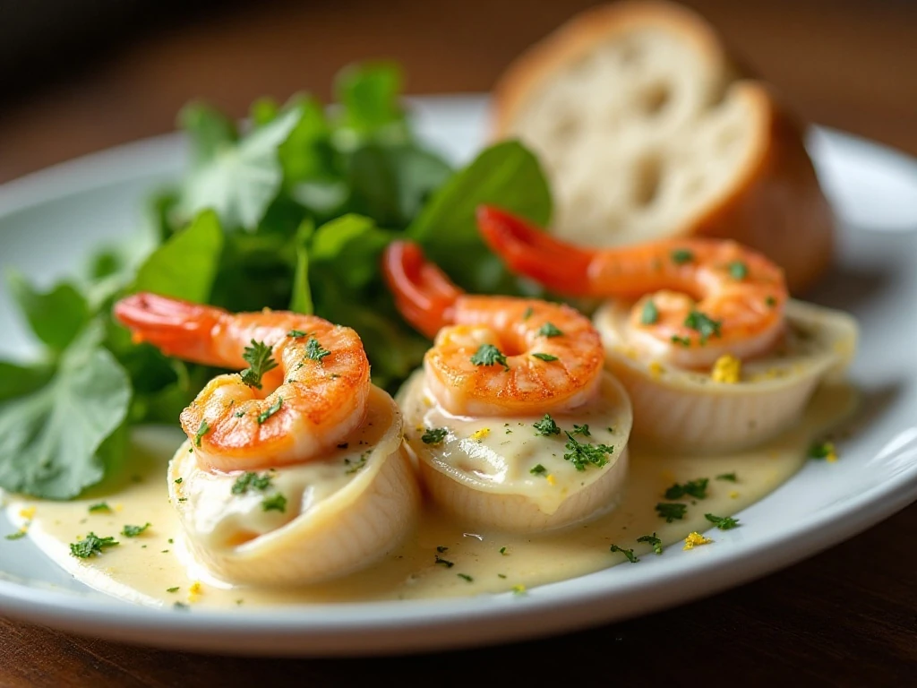 Plated creamy shrimp scampi stuffed shells with salad and bread