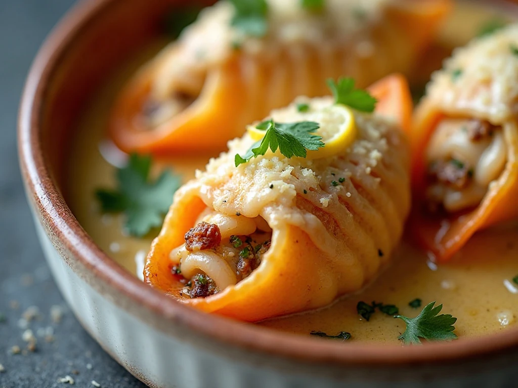 Close-up of reheated creamy shrimp stuffed shell with lemon and parsley