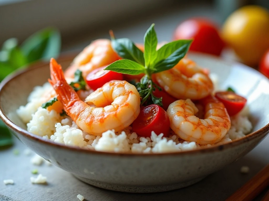 Shrimp tomato basil stir-fry served over white rice