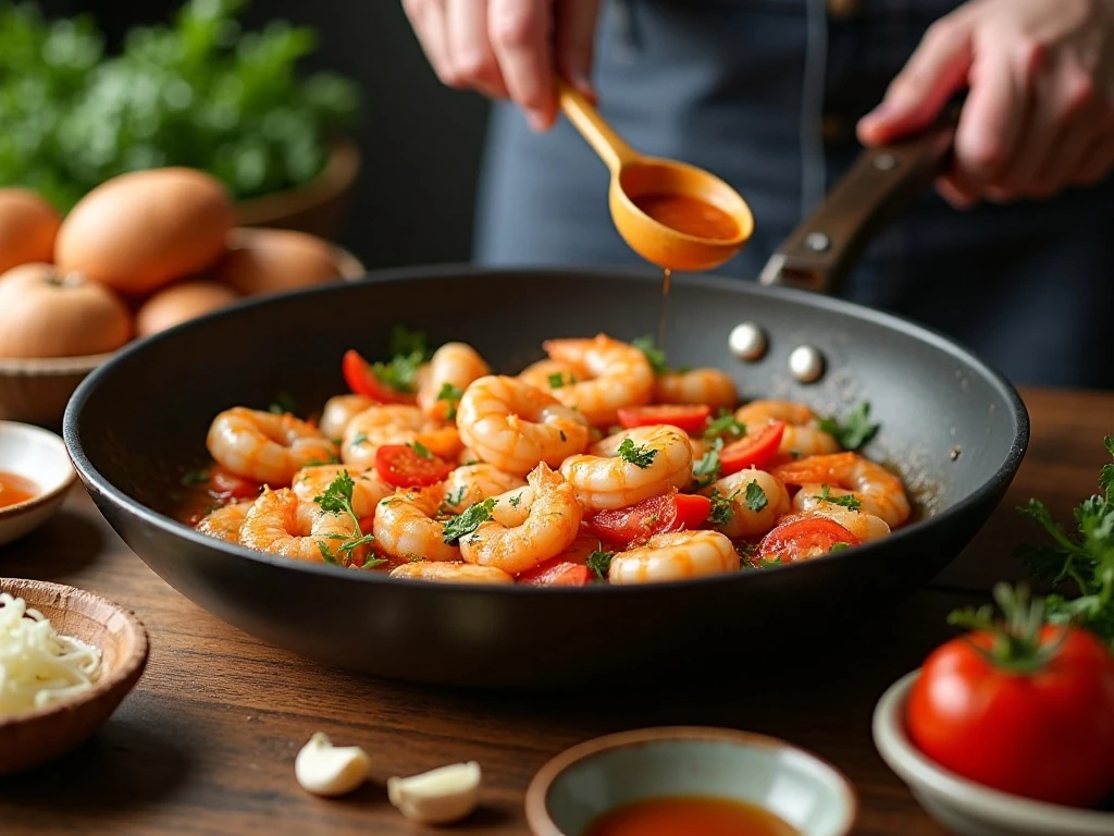 Shrimp cooking with tomatoes and aromatics in a skillet
