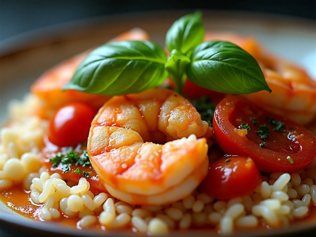 Fresh basil and citrus finishing shrimp tomato stir-fry