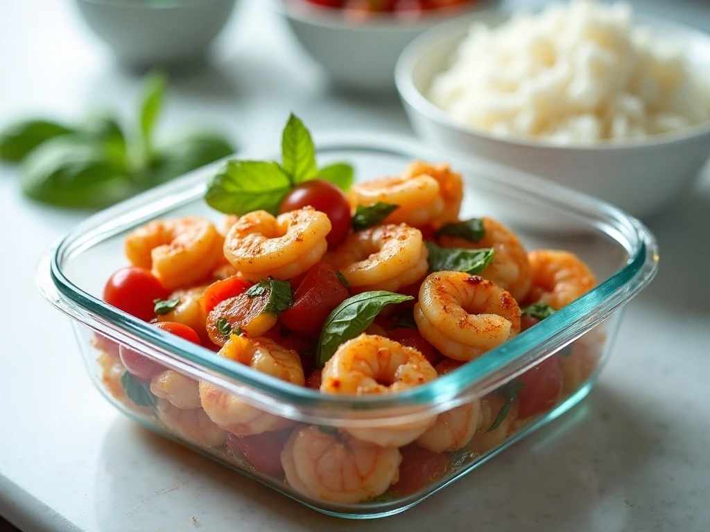 Stored shrimp tomato basil stir-fry with rice