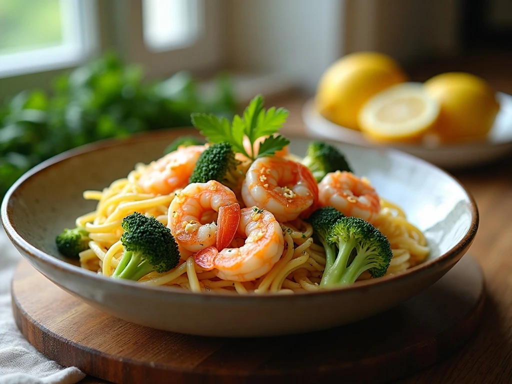 Bowl of shrimp with broccoli and pasta in lemon Parmesan sauce