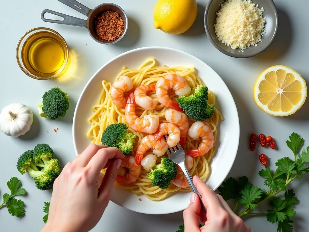 Ingredients for easy shrimp with broccoli and pasta