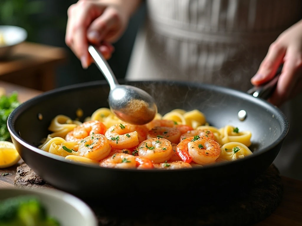 Shrimp sautéing in a skillet for shrimp broccoli pasta