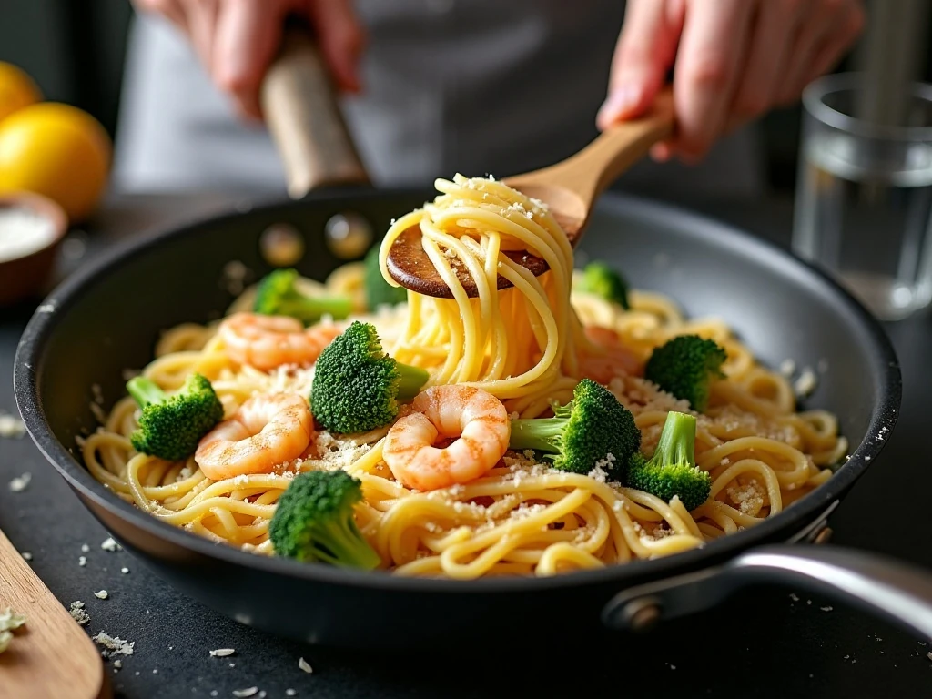 Tossing pasta with shrimp broccoli and lemon Parmesan sauce