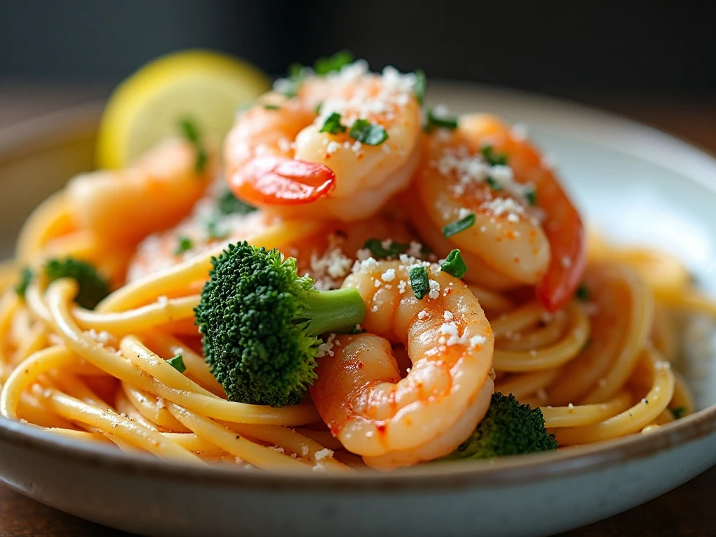 Garnished shrimp broccoli pasta ready to serve