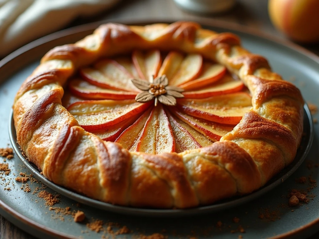 Whole rustic apple galette with a golden folded crust and cinnamon apples
