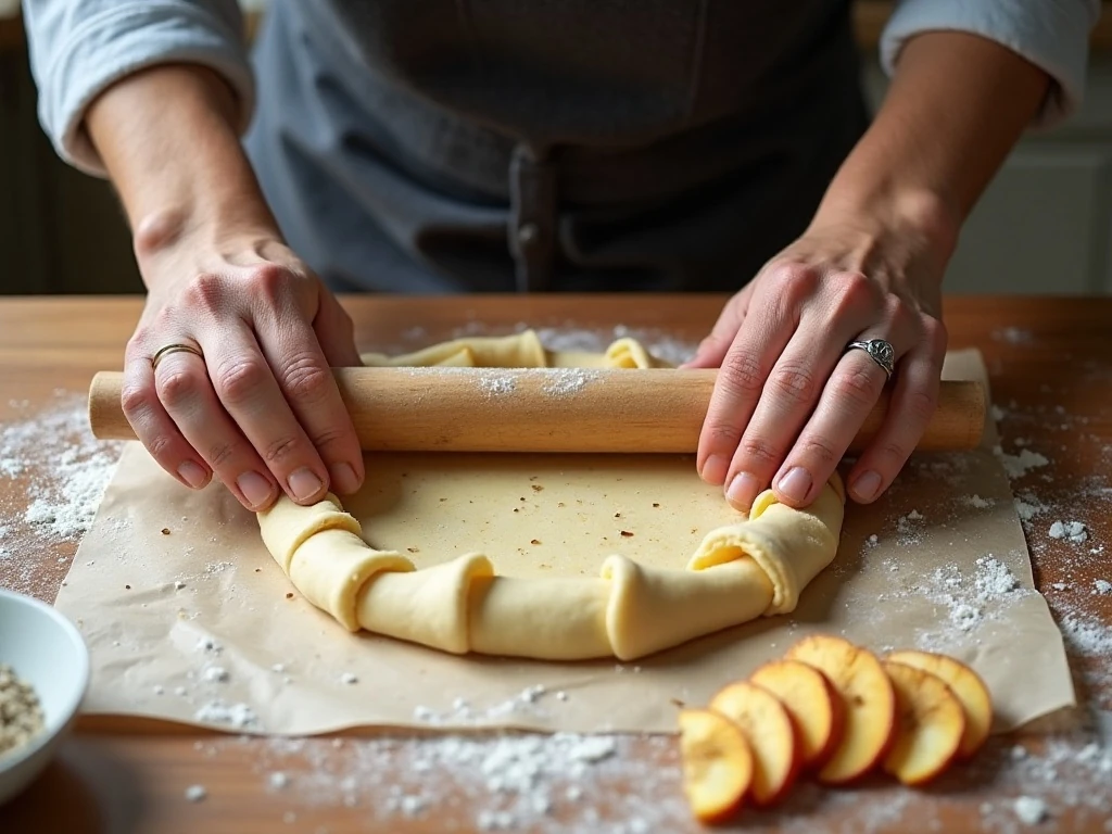 Rolling homemade pastry for an apple galette