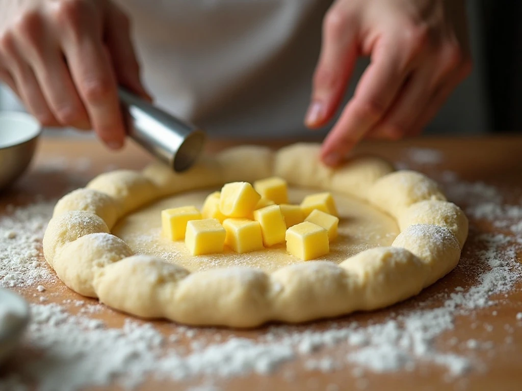Cold butter pieces being cut into galette pastry dough