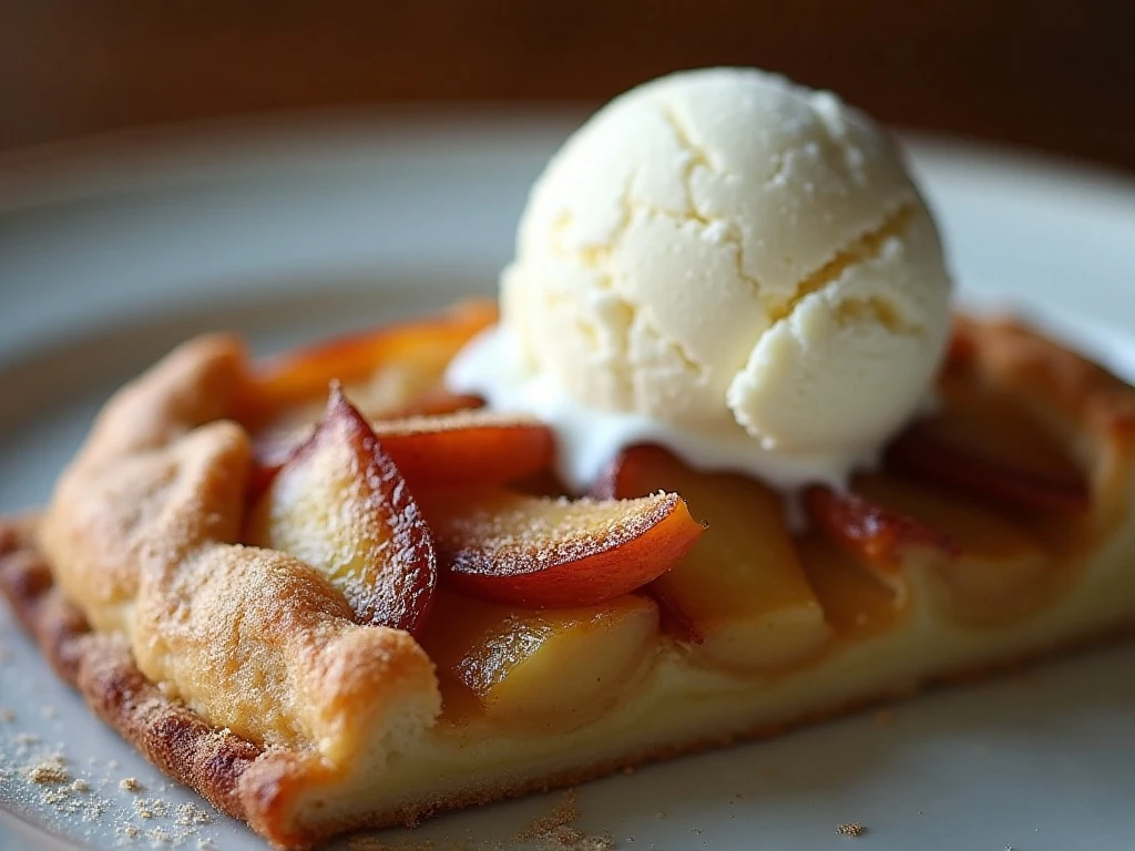 Slice of apple galette served with vanilla ice cream
