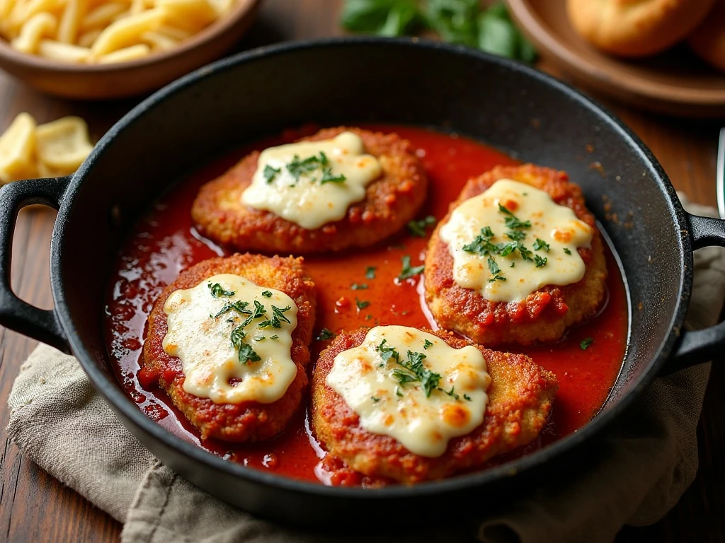 Easy Chicken Parmesan served with pasta, marinara, melted mozzarella, and fresh herbs