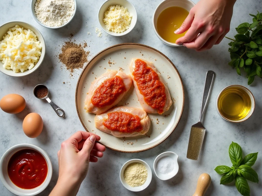 Ingredients for crispy homemade Chicken Parmesan