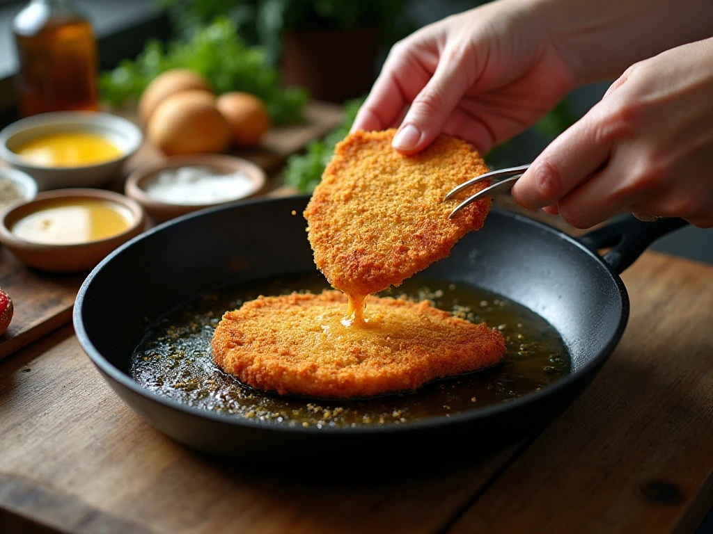 Pan-frying breaded chicken cutlets for Chicken Parmesan
