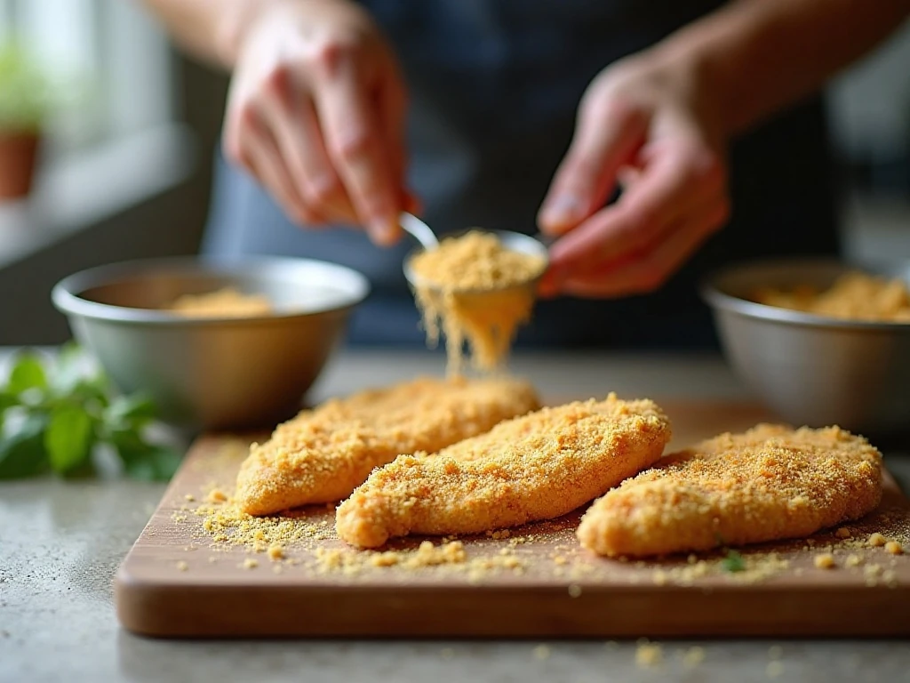 Chicken cutlets coated in seasoned breadcrumbs before pan-frying