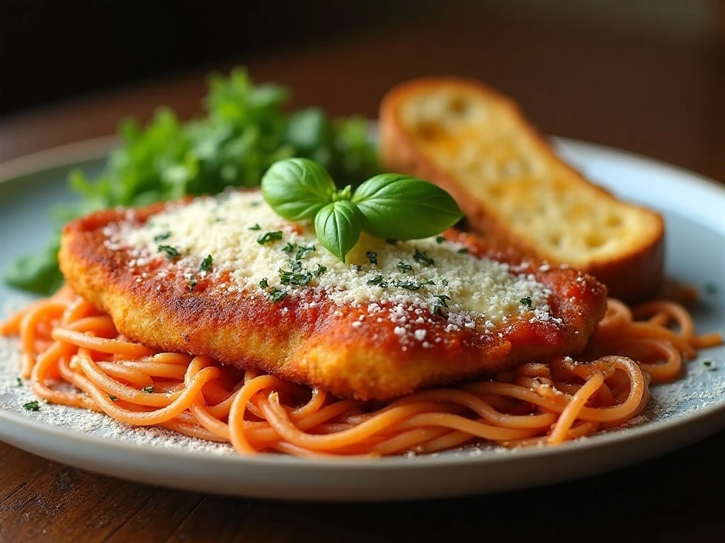 Chicken Parmesan dinner with spaghetti, garlic bread, and salad