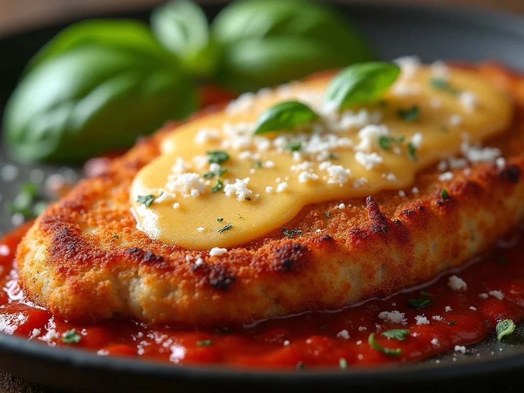 Close-up of crisp Chicken Parmesan with melted cheese and basil