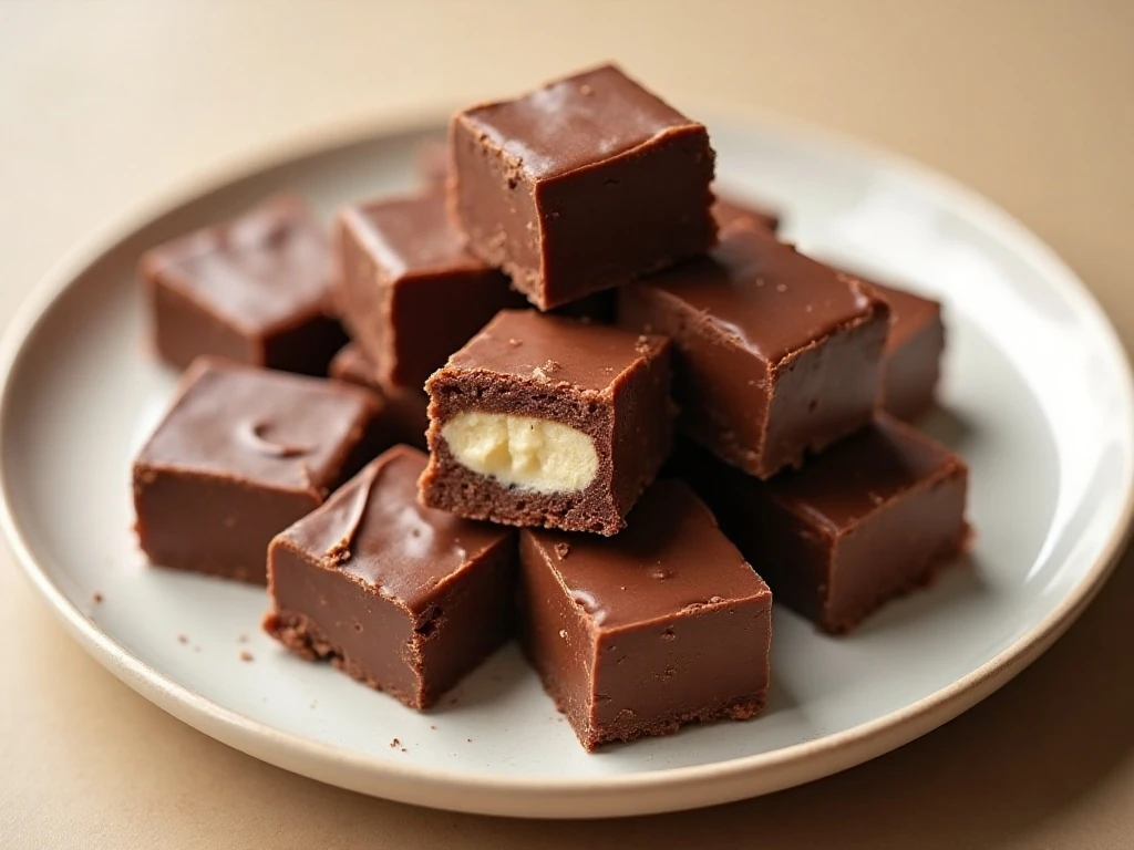 Small creamy homemade chocolate fudge squares arranged on a serving plate