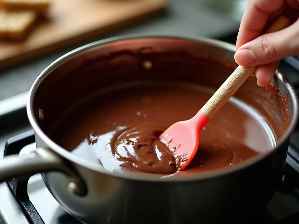 Chocolate chips and condensed milk melting into a smooth fudge mixture