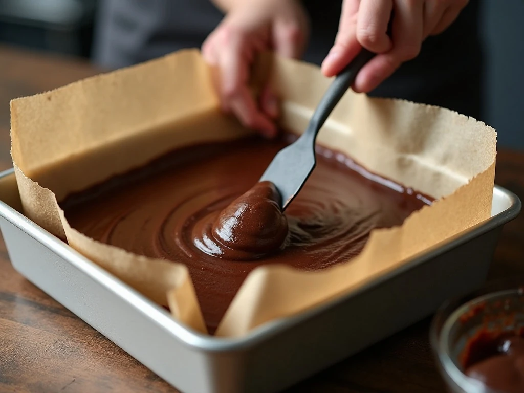 Smooth chocolate fudge mixture being spread in a parchment-lined square pan