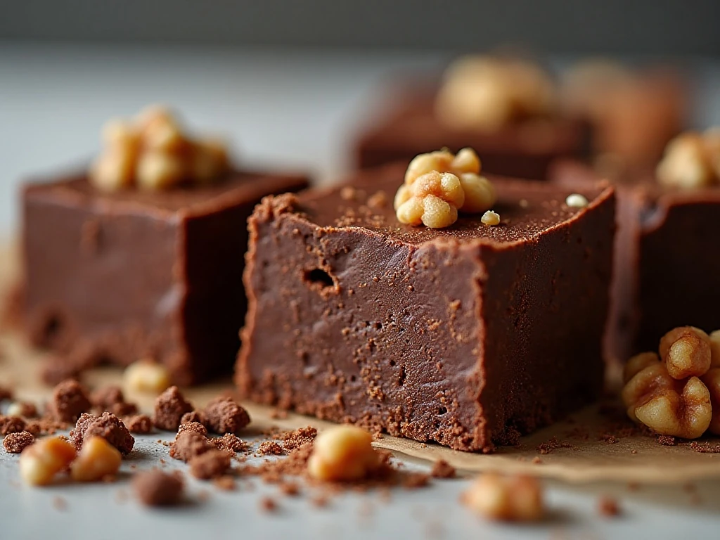 Close-up of creamy chocolate fudge with walnuts and pecans