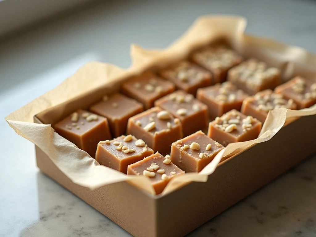 Homemade fudge squares arranged in a parchment-lined storage tin