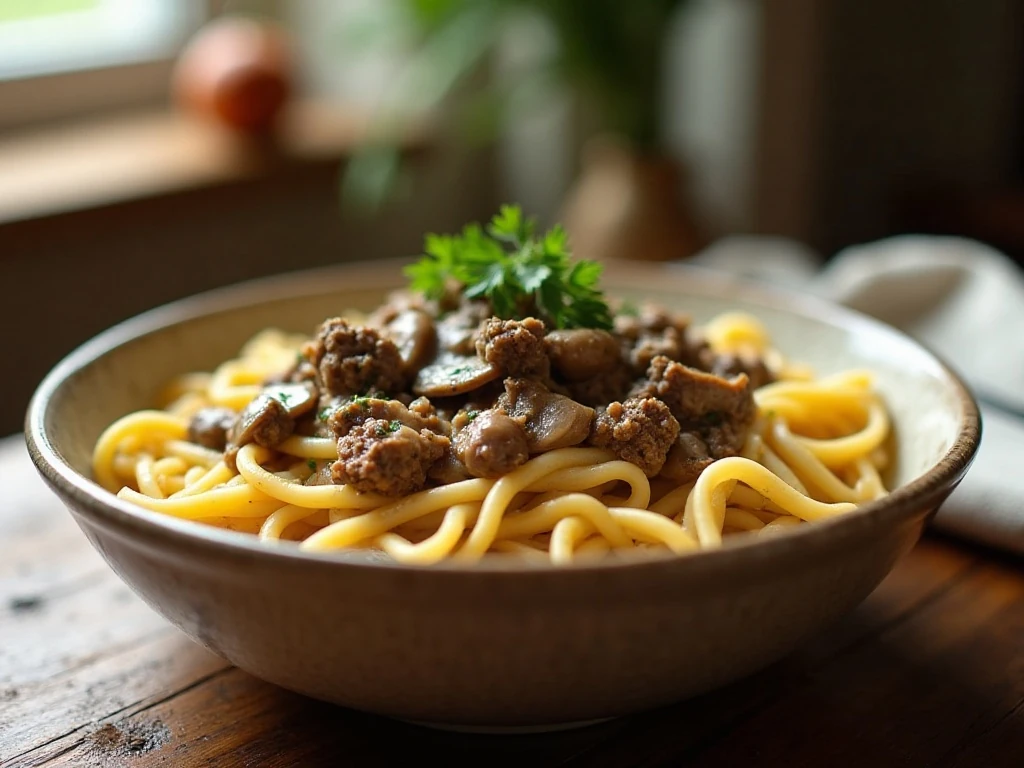 Creamy ground beef stroganoff with mushrooms and egg noodles in a serving bowl