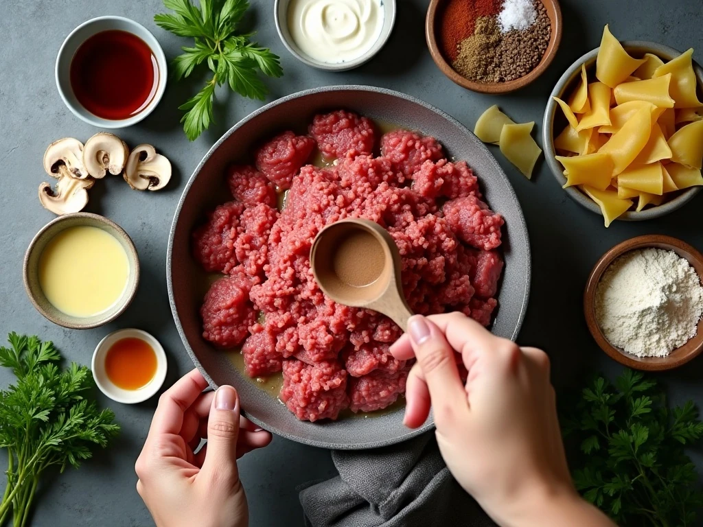 Ingredients for easy ground beef stroganoff arranged on a counter