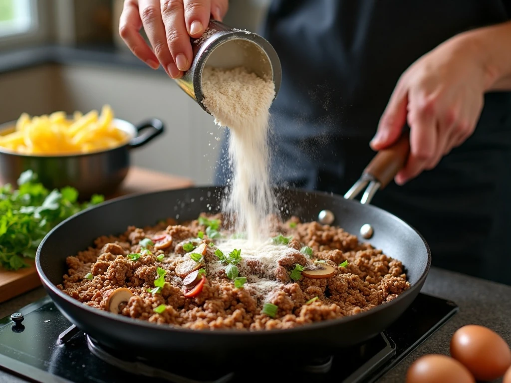 Cooking ground beef, onions, and mushrooms for stroganoff in a skillet