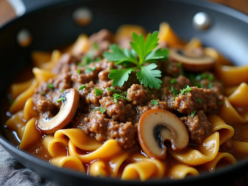Ground beef stroganoff being gently reheated with creamy sauce