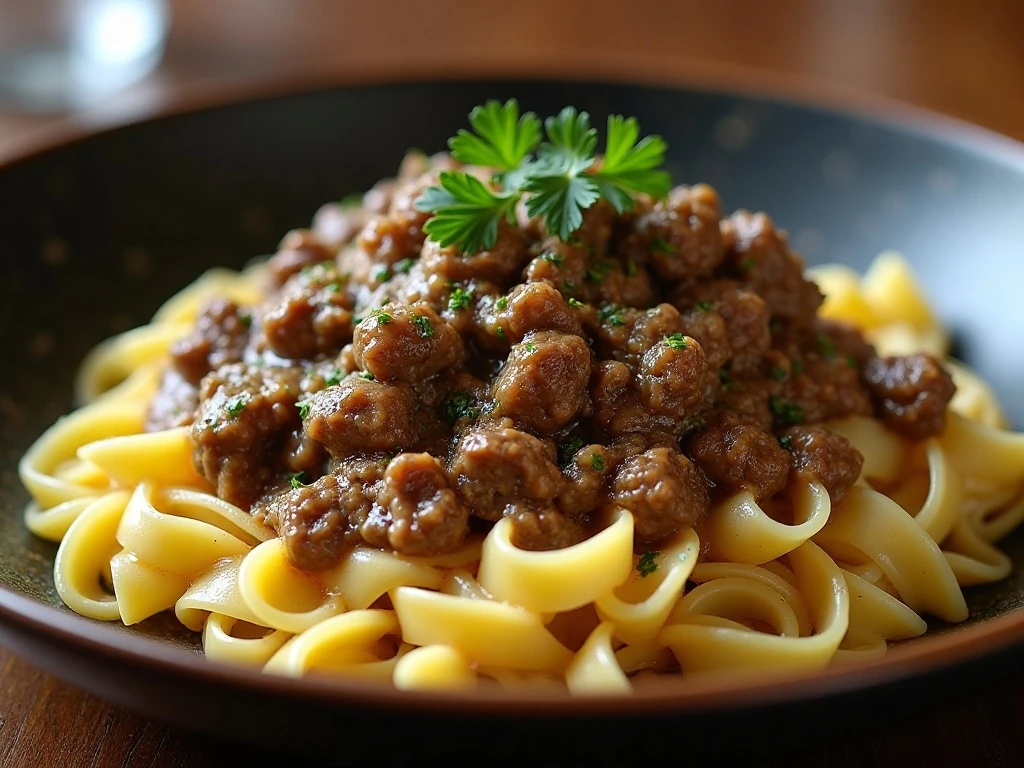 Finished easy ground beef stroganoff served over wide egg noodles