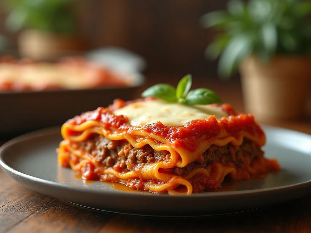 A hearty slice of five-ingredient beef lasagna with creamy layers and melted mozzarella