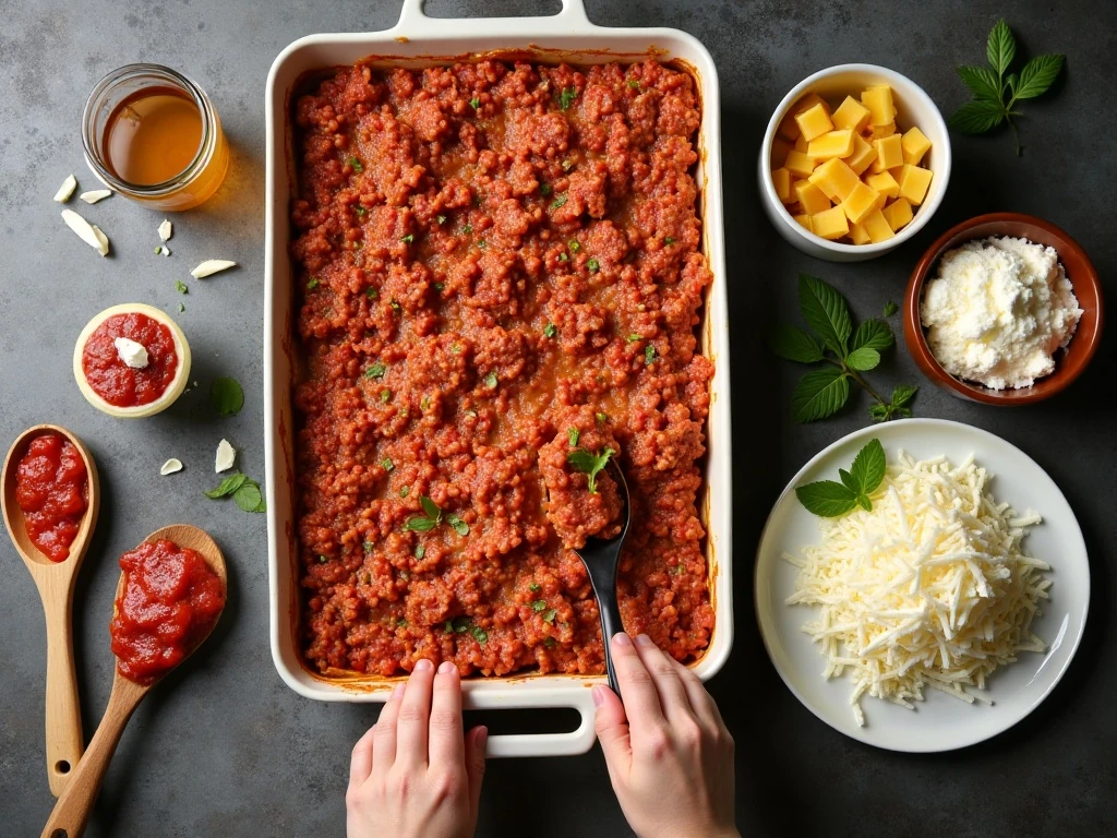 Five ingredients for simple homemade lasagna arranged on a kitchen counter