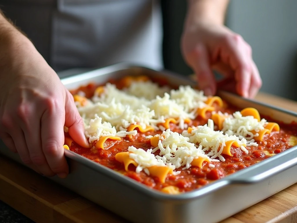 Layering noodles, ricotta, meat sauce, and mozzarella for easy lasagna